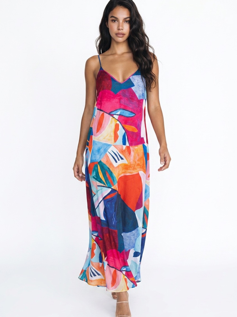 Nicole Miller Satin Charmeuse Vibrant Abstract Women L 2 Pocket Slip Maxi Dress - Picture 1 of 8